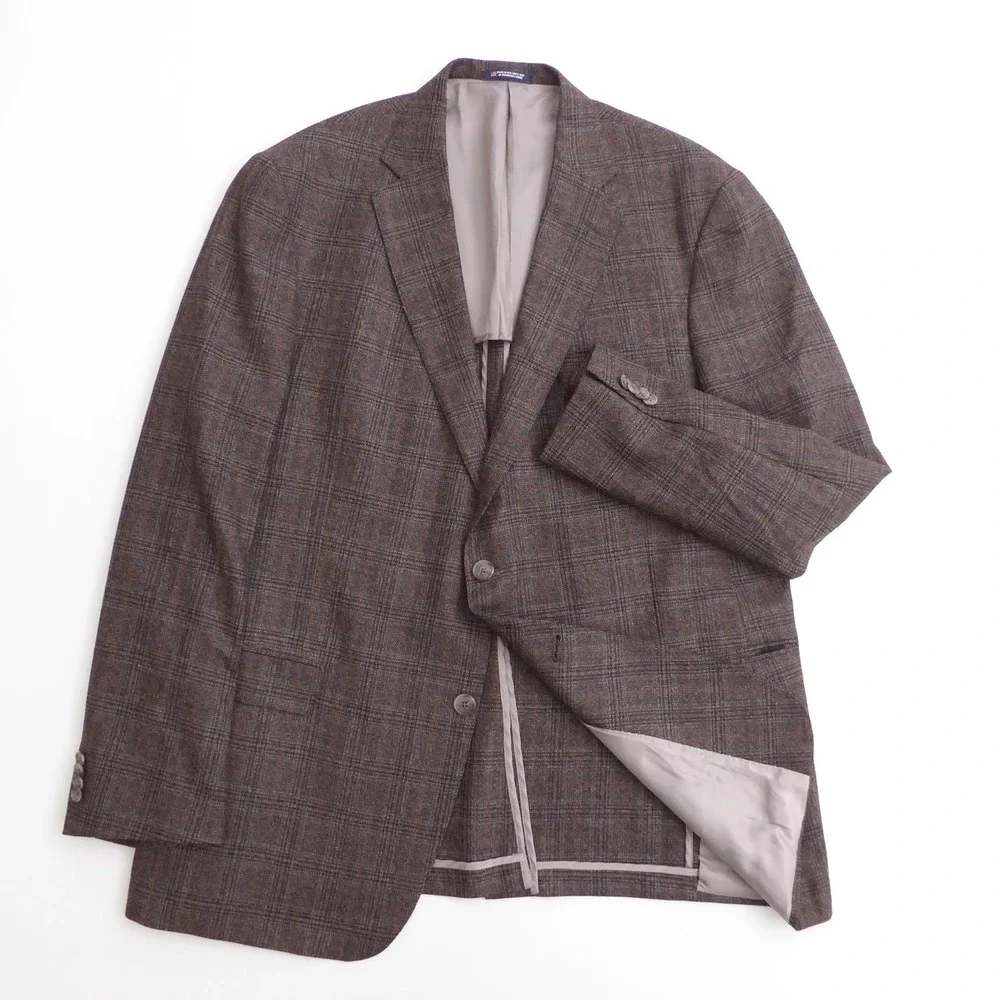Hart Schaffner Marx Mens Blazer Brown Plaid Wool Two Button Half Lined 48L Long